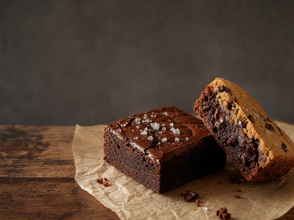 Sea salt brownie and brookie on a warm wooden table