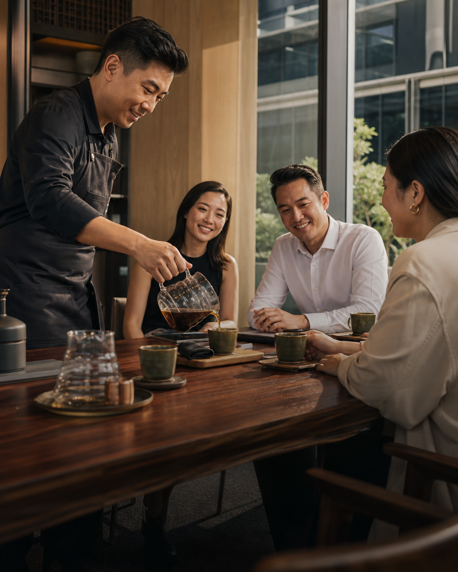 Coffee being served during a modern office meeting