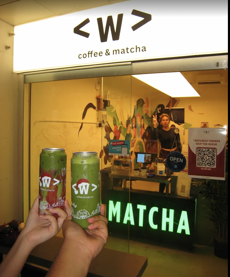 Waterloo Coffee storefront with matcha cans and a barista inside