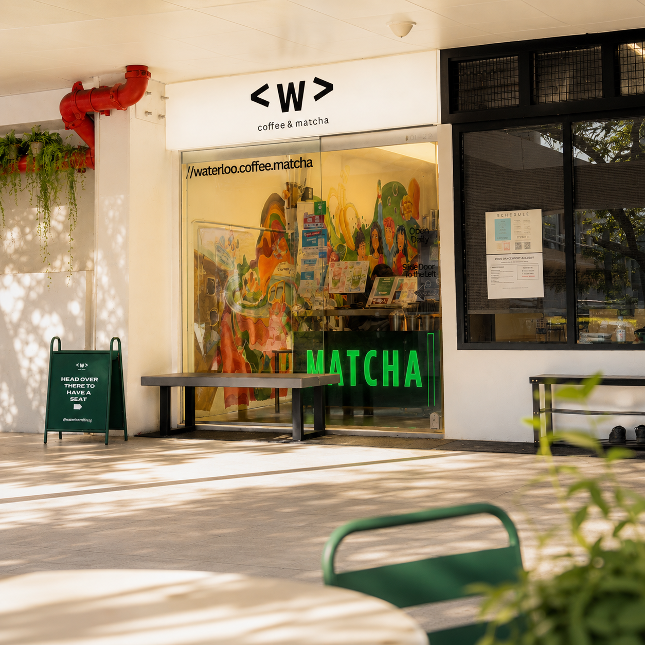 Waterloo Coffee café storefront with its coffee and matcha signage