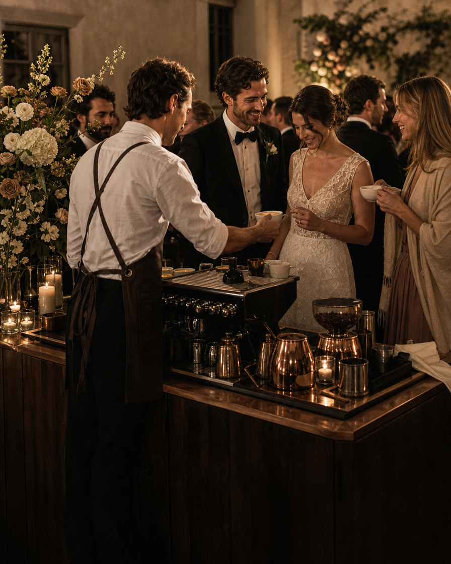 Barista serving coffee at an elegant wedding reception